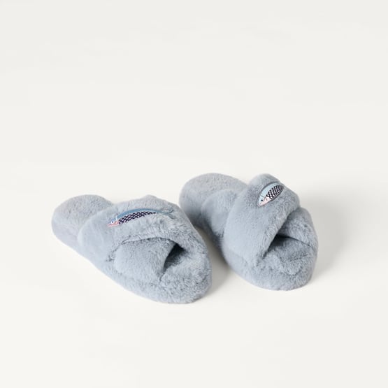 Embroidered Blue Sardines Crossover Fur Slippers