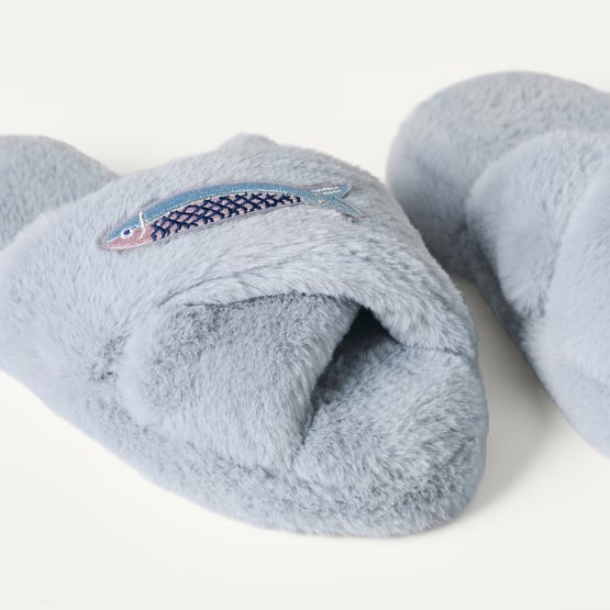 Embroidered Blue Sardines Crossover Fur Slippers