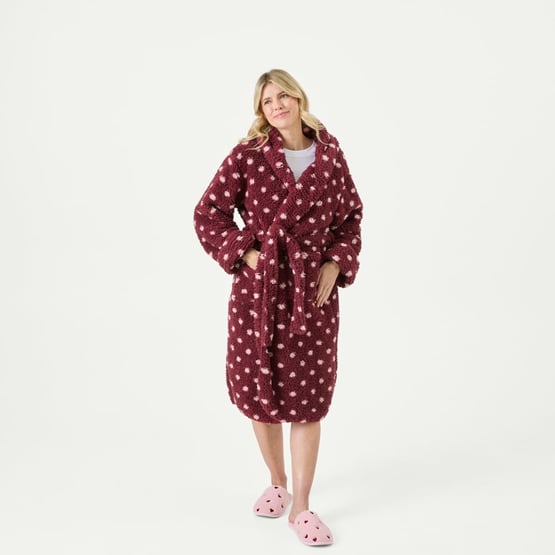 Printed Polka Dot Burgundy Sherpa Hooded Robe