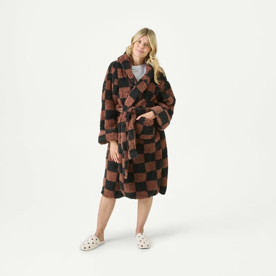 Sherpa Nutmeg & Black Print Check Hooded Robe