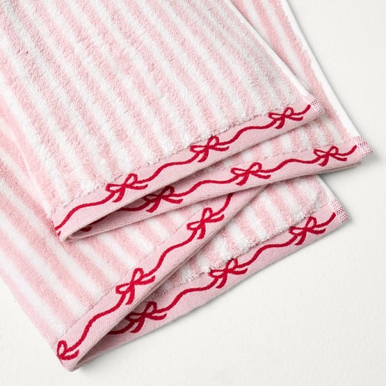Bow Border Stripe Pink & White Hand Towel Pack of 2