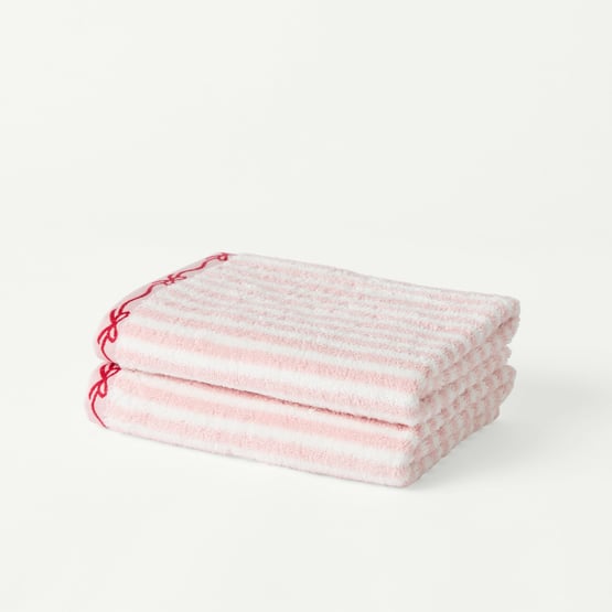 Bow Border Stripe Pink & White Hand Towel Pack of 2