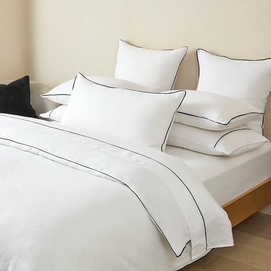 Vintage Washed Linen White & Onyx Piped Quilt Cover Separates