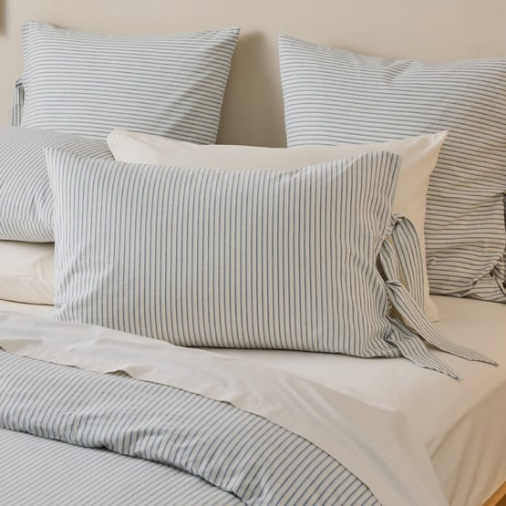 Stonewashed Cotton Thin Coconut & Blue Stripe Pillowcases
