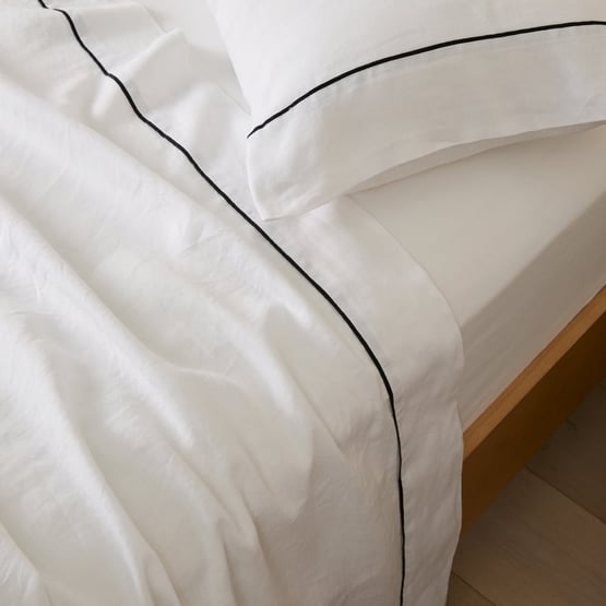 Vintage Washed Linen White & Onyx Flat Piped Pillowcases