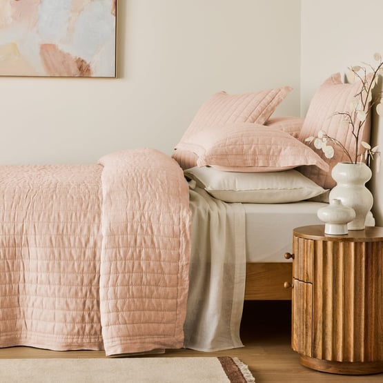 Vintage Washed Linen Nude Pink Quilted Coverlet Separates