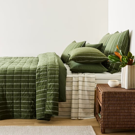 Stonewashed Cotton Basil Pencil Stripe Quilted Coverlet Separates