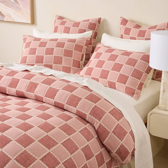 Nellie Dusty Rose Check Quilt Cover Set + Separates
