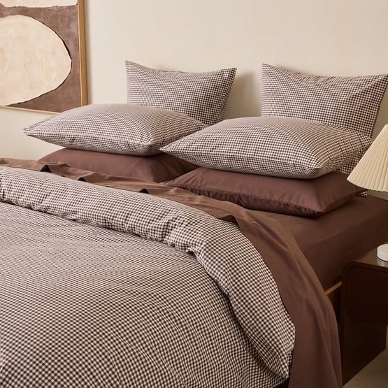 Stonewashed Cotton Chocolate Mini Gingham Quilt Cover Separates 