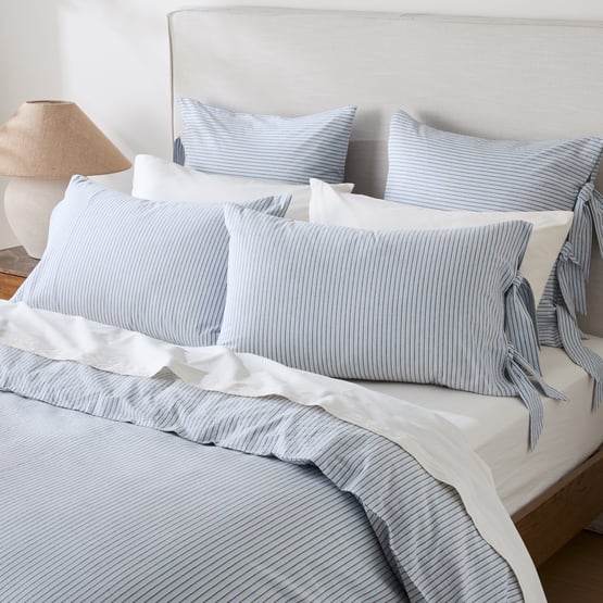 Stonewashed Cotton Blue & Chocolate Thin Stripe Pillowcases