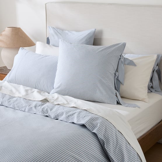Stonewashed Cotton Blue & Chocolate Thin Stripe Pillowcases