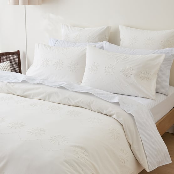 Soleil Coconut Broderie Quilt Cover Set + Separates 