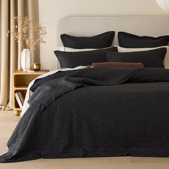 Vintage Washed Linen Liquorice Quilted Coverlet Separates