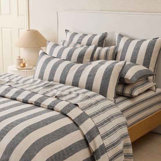 Vintage Washed Linen Linen & Onyx Mega Stripe Quilt Cover Separates 