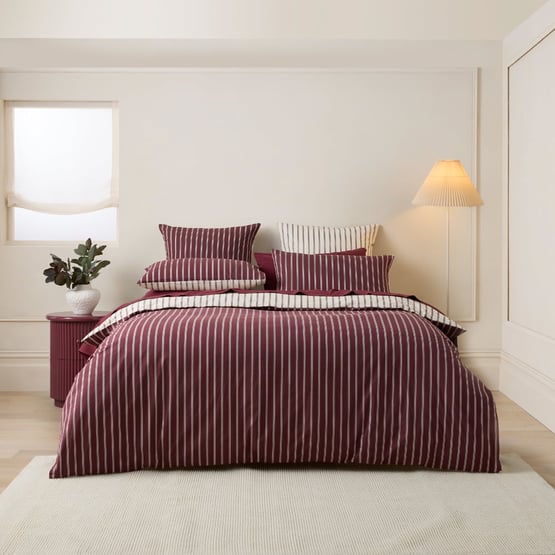 Stonewashed Cotton Burgundy & Coconut Stripe Quilt Cover Separates