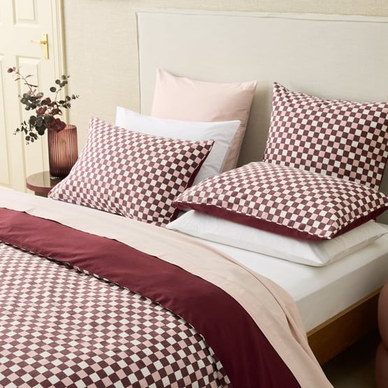Stonewashed Cotton Burgundy & Peony Check Quilt Cover Separates