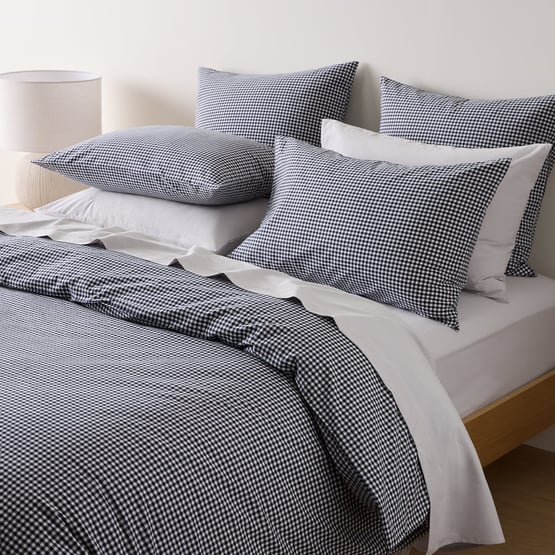 Stonewashed Cotton Midnight Navy Mini Gingham Quilt Cover Separates 