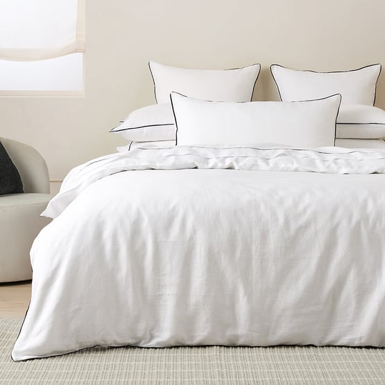 Vintage Washed Linen White & Onyx Piped Quilt Cover Separates