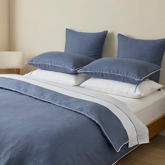 Vintage Washed Linen Denim & White Piped Quilt Cover Separates