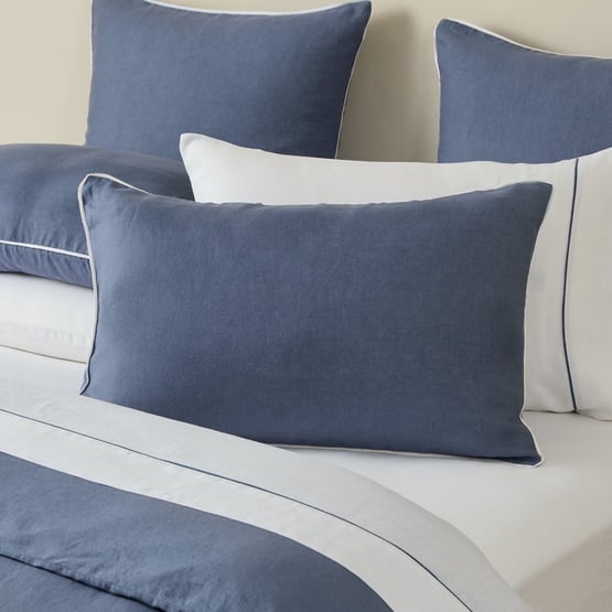 Vintage Washed Linen Denim & White Piped Pillowcases