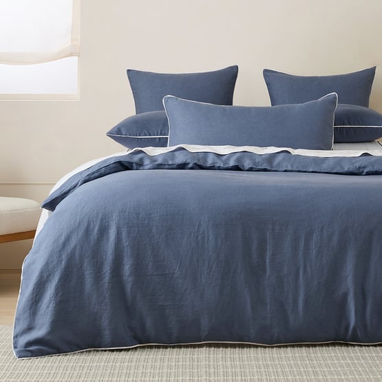 Vintage Washed Linen Denim & White Piped Quilt Cover Separates