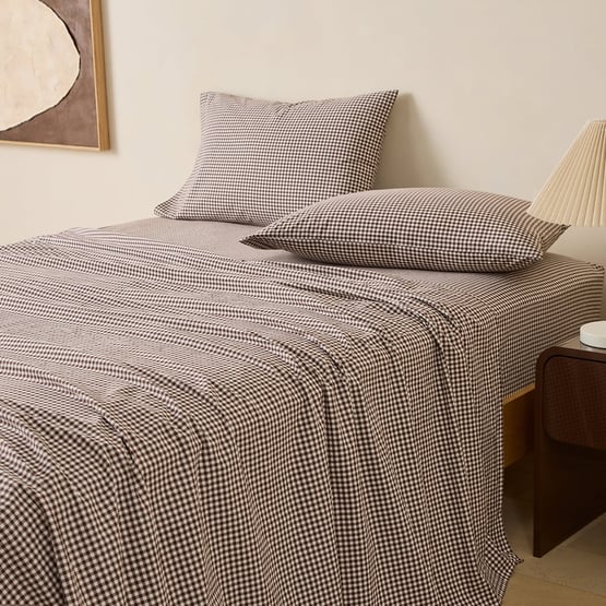 Stonewashed Cotton Chocolate Mini Gingham Sheet Separates