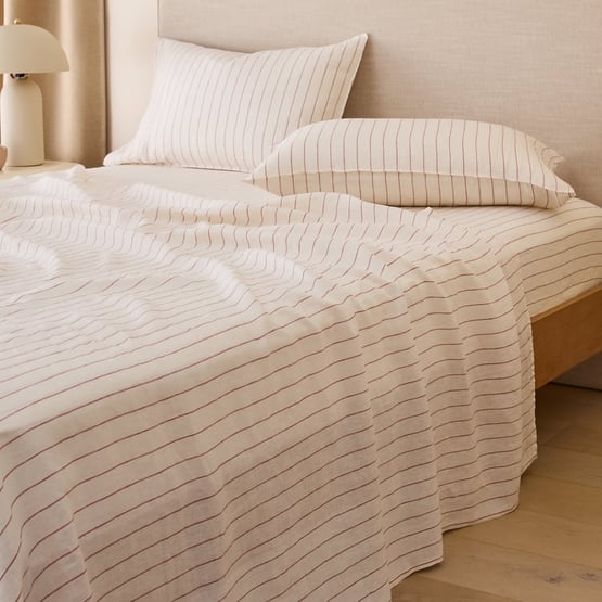 Vintage Washed Linen Redwood & Coconut Stripe Sheet Separates