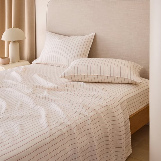 Vintage Washed Linen Redwood & Coconut Stripe Sheet Separates