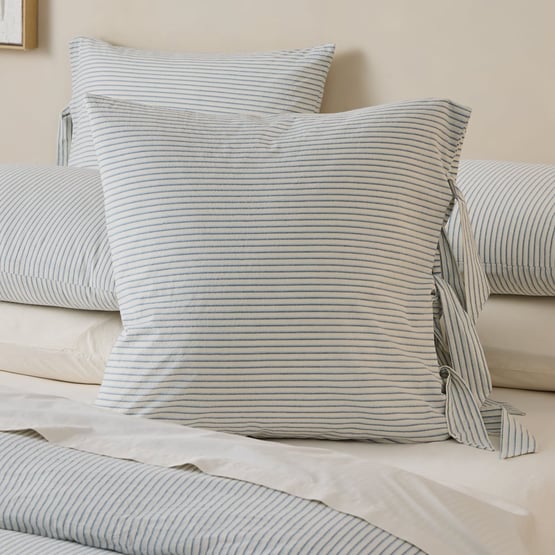Stonewashed Cotton Coconut & Blue Thin Stripe Pillowcases