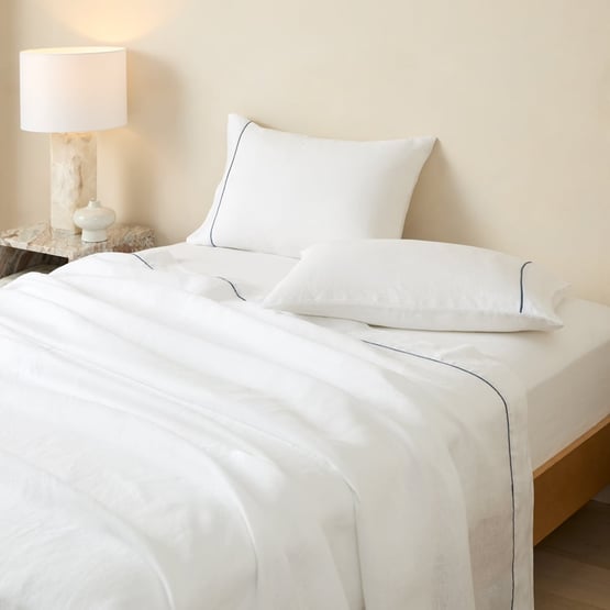 Vintage Washed Linen White & Denim Piped Sheet Separates