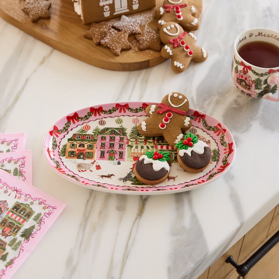 Christmas Village Pink Oval Platter