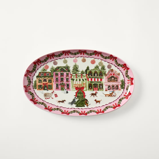 Christmas Village Pink Oval Platter