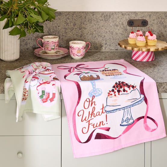Oh What Fun Pink Tea Towel Pack of 2