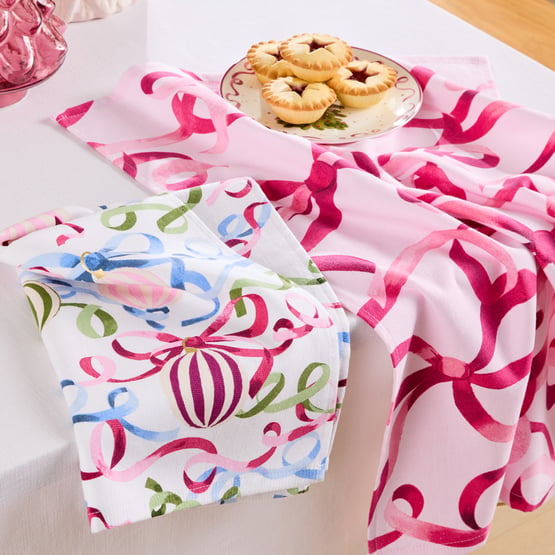 Ribbons Pink Tea Towel Pack of 2