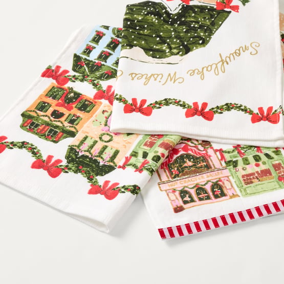 Christmas Village Red Tea Towel Pack of 2