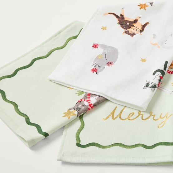 Merry Catmas Green Tea Towel Pack of 2