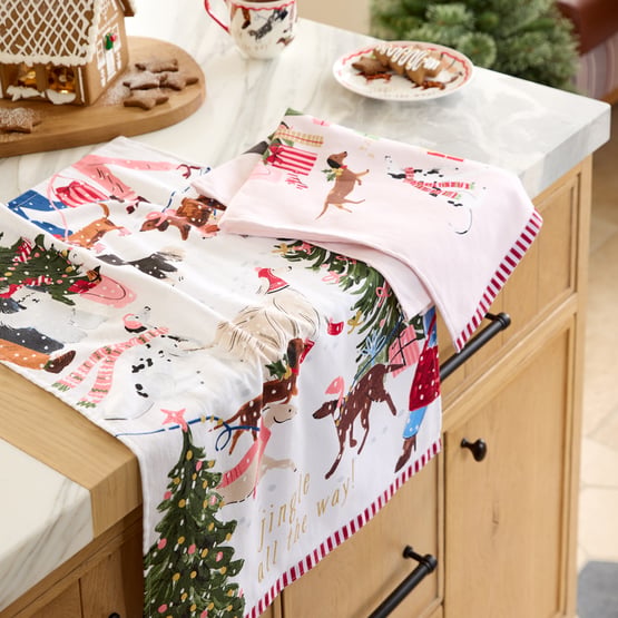Christmas Tree Dogs Pink Tea Towel Pack of 2