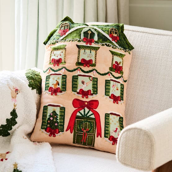Christmas Village House Green Cushion