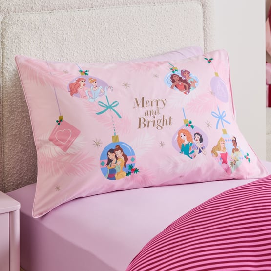 Disney Princesses Merry & Bright Pink Text Pillowcase