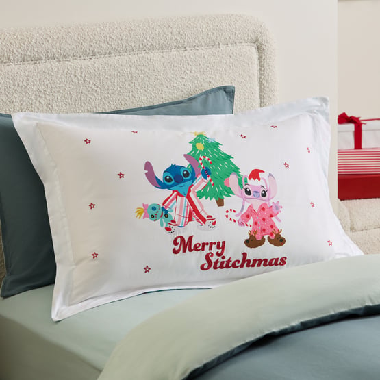 Disney Stitch Merry Stitchmas White Text Pillowcase
