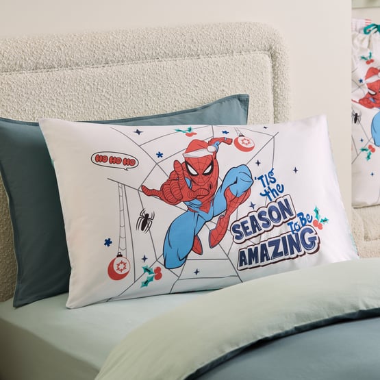 Marvel Spiderman Tis the Season Blue Text Pillowcase