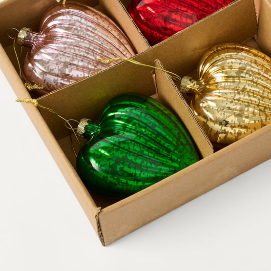 Christmas Village Heart Gold Vintage Glass Ornament Pack of 4