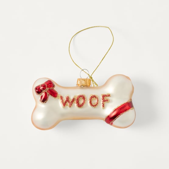 Christmas Village Woof Bone White & Red Vintage Glass Ornament