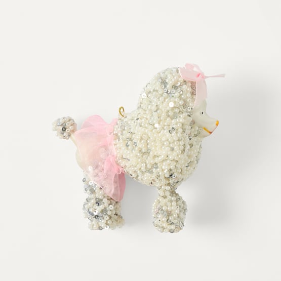 Festive Fun Pearl Poodle Pink & White Vintage Glass Ornament