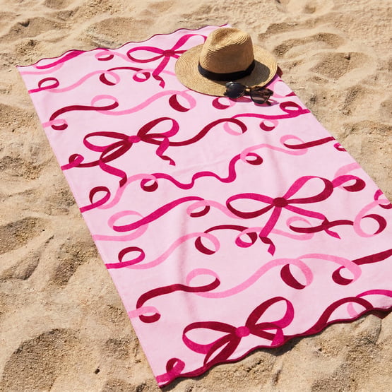 Christmas Ribbons Pink & Burgundy Luxe Velour Beach Towel
