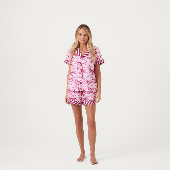 Womens Bows and Bright Pink Short Pyjama Set
