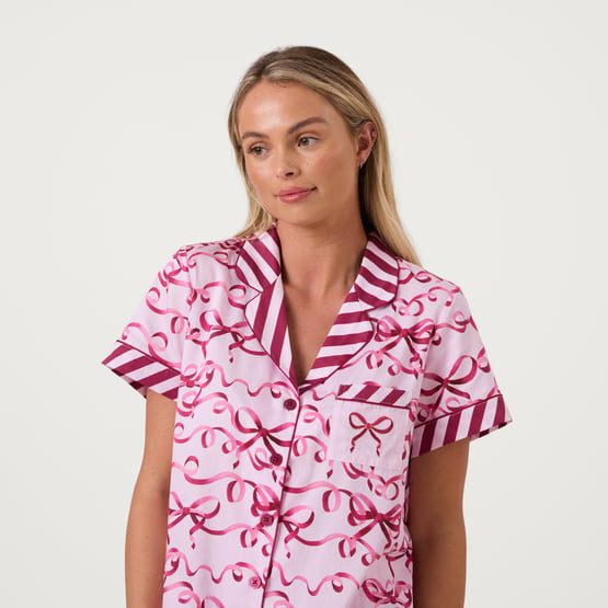 Womens Bows and Bright Pink Short Pyjama Set