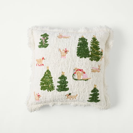 Christmas Cavoodles Village White Cushion