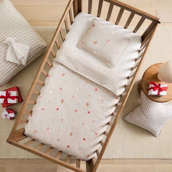 Vintage Washed Festive Natural Linen Cot Quilt Cover Set