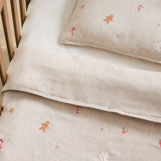 Vintage Washed Festive Natural Linen Cot Quilt Cover Set